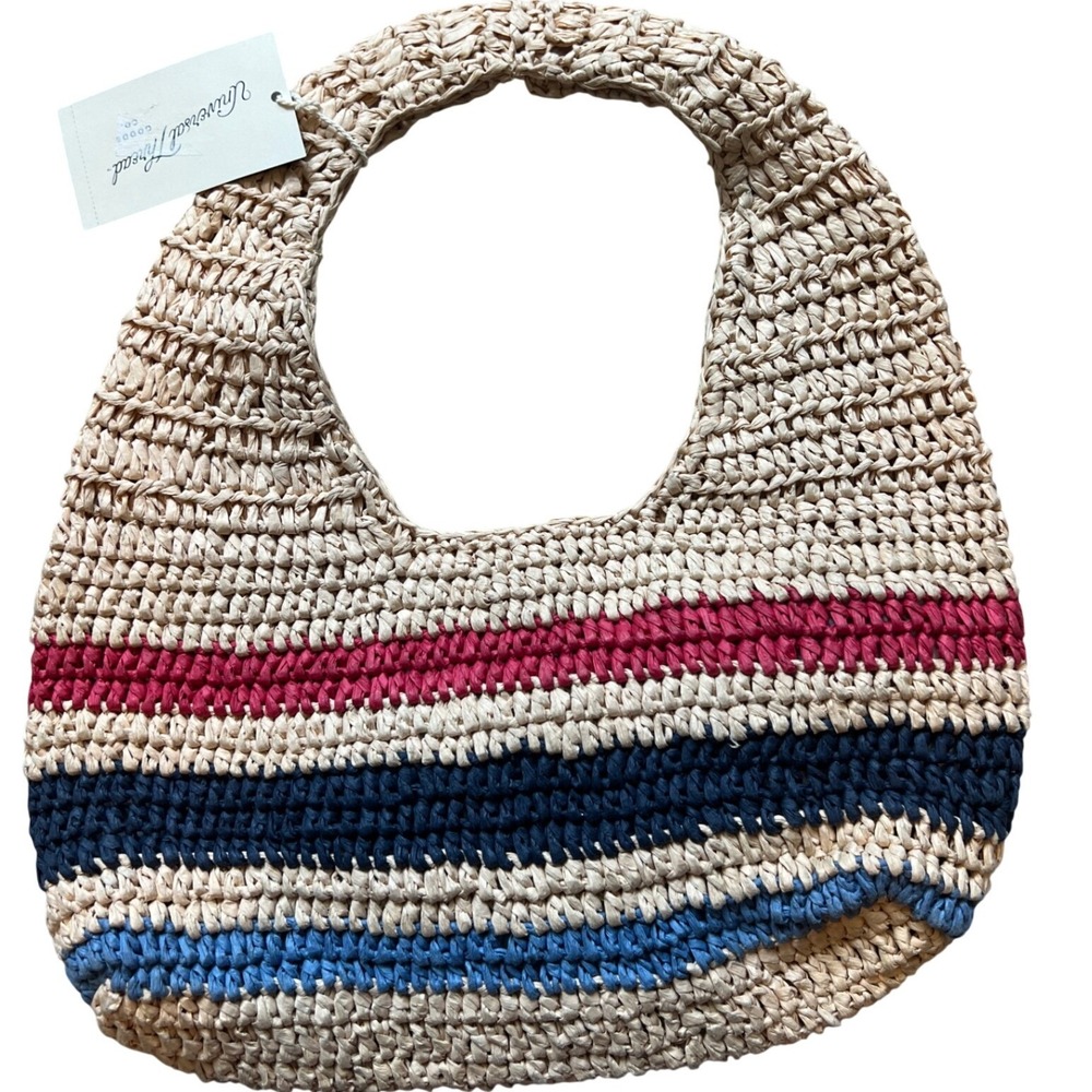 NWT Universal Thread Women's Raffia Hobo Bag Tan Red Blue Stripe Shoulder Tote
